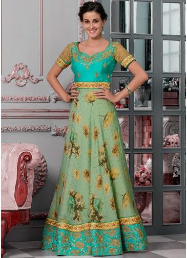 Sea Green Floral Digital Print Readymade Gown