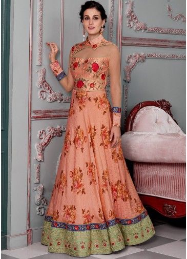 Readymade Floral Digital Print Peach Silk Gown