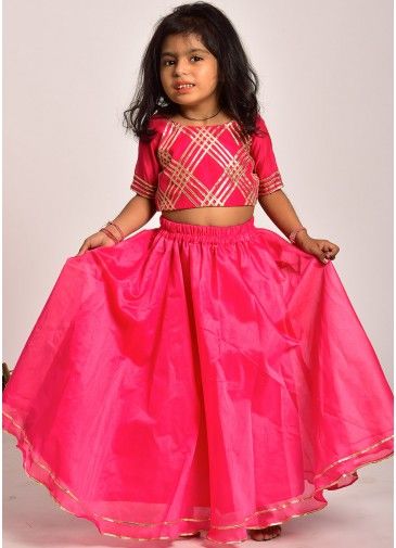 Pink Gota Patti Embellished Kids Top Lehenga Set