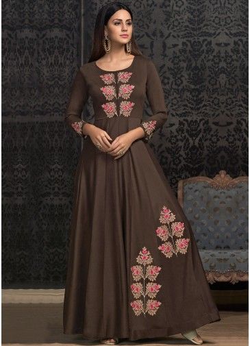 Brown Embroidered Readymade Gown