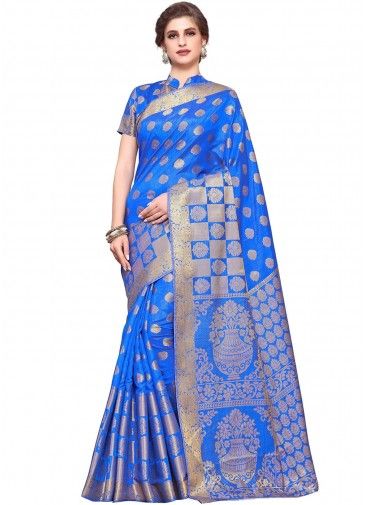 Blue Art Silk Woven Saree With Blouse