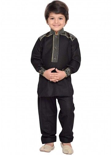 Black Readymade Cotton Kids Pathani Suit