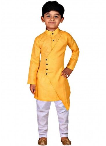 Yellow Asymmetric Overlapped Kids Kurta Pajama Set