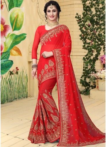 Red Georgette Embroidered Saree 