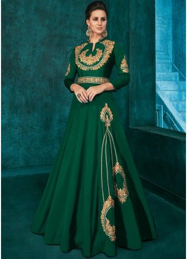 Green Embroidered Readymade Indowestern Gown