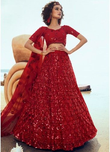 Red Net Sequins Embellished Bridal Lehenga Choli