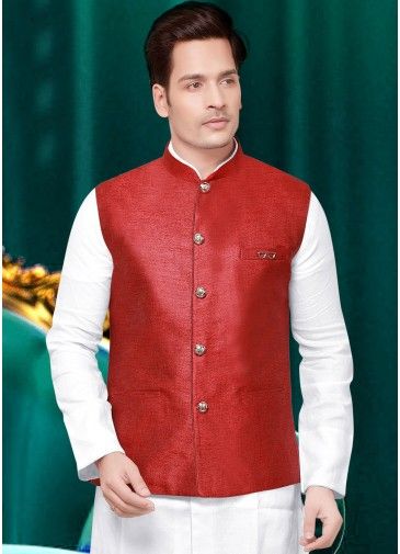 Red Plain Linen Nehru Jacket