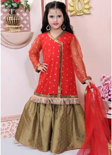 Red Sequins Embellished Readymade Kids Sharara Suit