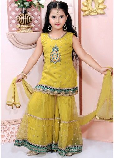 Yellow Embroidered Readymade Kids Sharara Suit