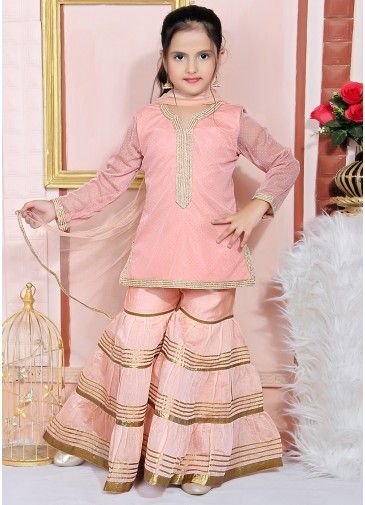 Peach Readymade Embroidered Straight Cut Kids Gharara Suit
