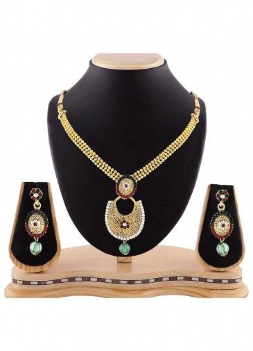 Stone Studded Golden and Green Necklace Set