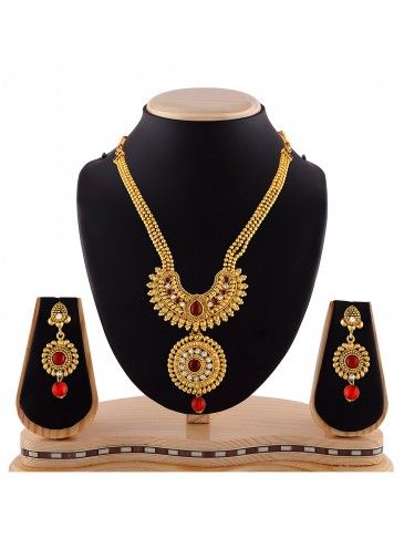 Stone Studded Golden and Red Necklace Set
