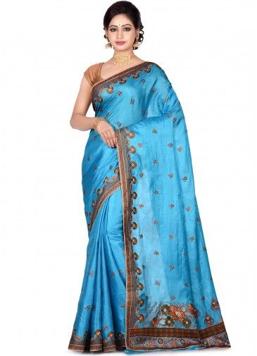 Blue Pure Silk Embroidered Saree