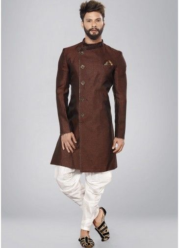 Brown Textured Readymade Indo Western Sherwani