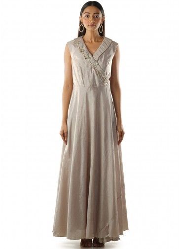 Grey Readymade Overlaped Embroidered Gown