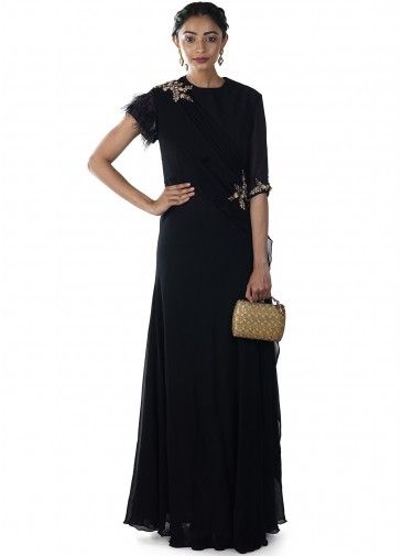 Black Hand Embroidered Feathered Sleeves Gown