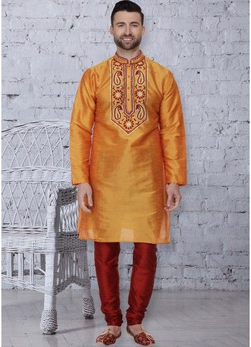 Readymade Orange Dupion Silk Kurta Pajama