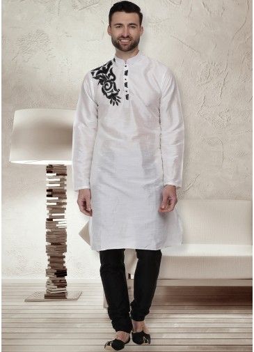 Readymade White Dupion Silk Kurta Pajama