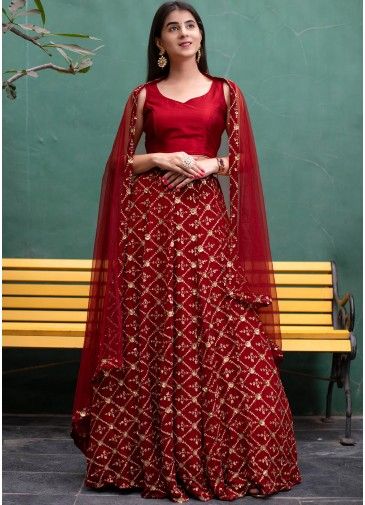 Red Embroidered Readymade Lehenga Choli In Georgette