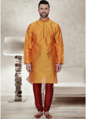 Orange Readymade Dupion Silk Kurta Pajama
