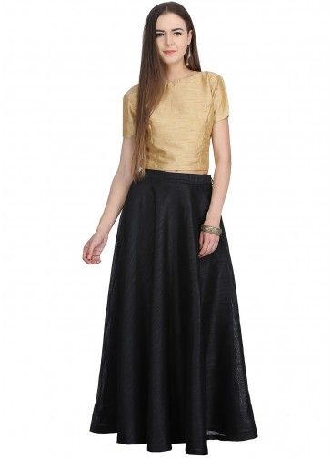 Readymade Dupion Silk Black Flared Skirt Top Set