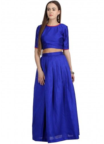 Blue Pleated Flared Dupion Silk Skirt With Top
