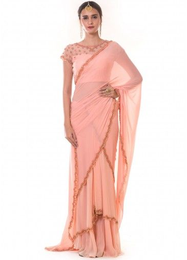Peach Draped Style Designer Saree With Blouse