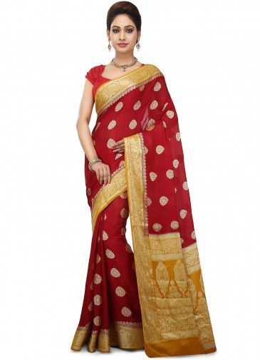 Maroon And Yellow Woven Saree In Silk