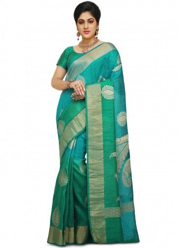 Turquoise And Sea Green Woven Silk Saree