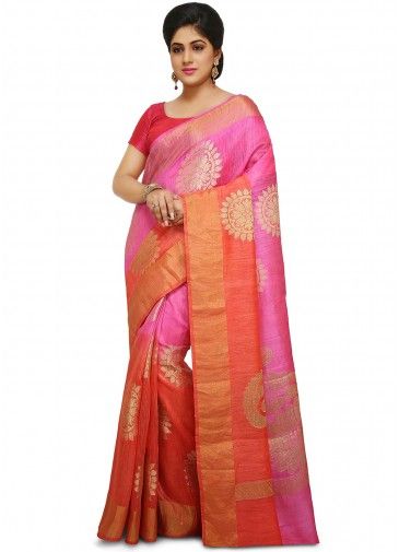 Pink And Red Woven Silk Saree