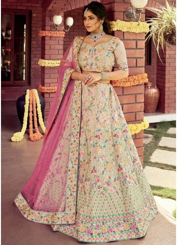 Beige Silk Bridesmaid Lehenga With Floral Embroidery