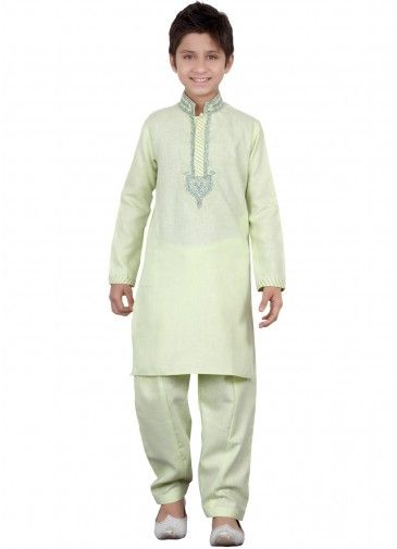 Readymade Mint Green Kids Linen Pathani Suit