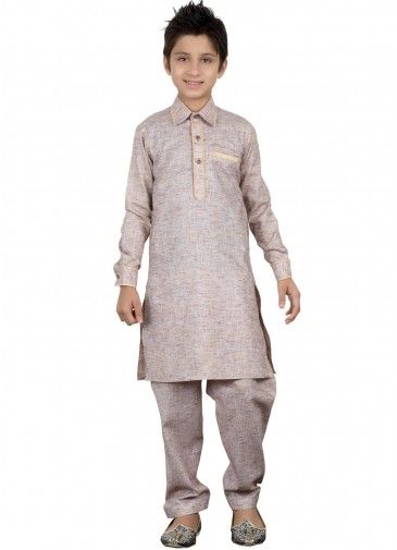 Readymade Coffee Grey Kids Linen Pathani Suit