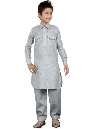 Readymade Grey Kids Linen Pathani Suit