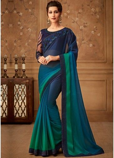 Shaded Blue Chiffon Saree With Embroidered Blouse