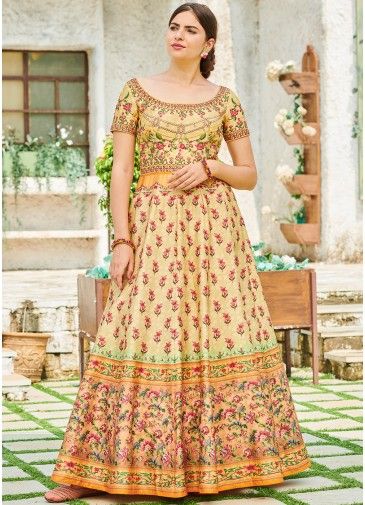 Readymade Yellow Floral Digital Printed Indowestern Gown