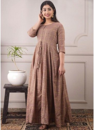 Brown Printed Readymade Chanderi Dress