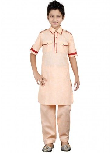 Readymade Peach Kids Linen Pathani Suit