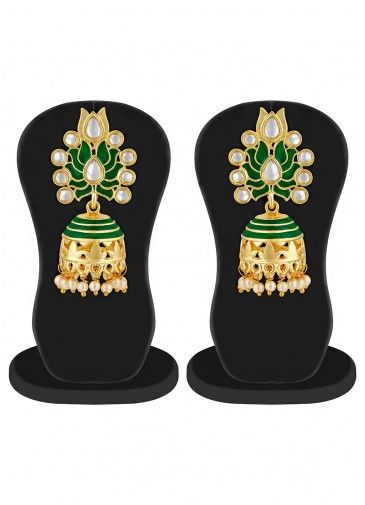 Stone Studded Green and Golden Jhumka Earrings