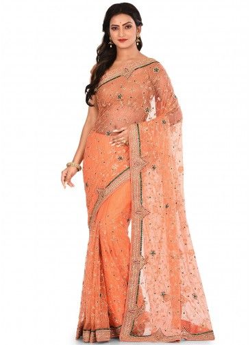 Peach Net Embroidered Saree With Blouse