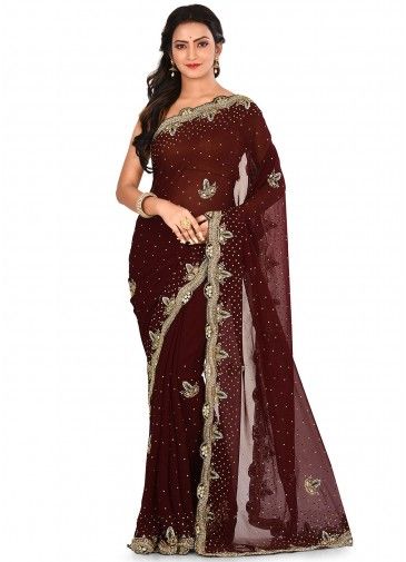 Brown Georgette Embroidered Saree With Blouse