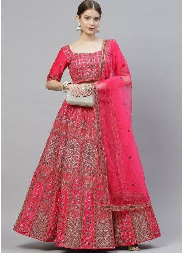 Pink Thread Embroidered Lehenga Choli In Silk