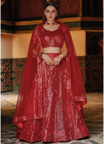 Red Net Lehenga Choli With Sequins Embroidery