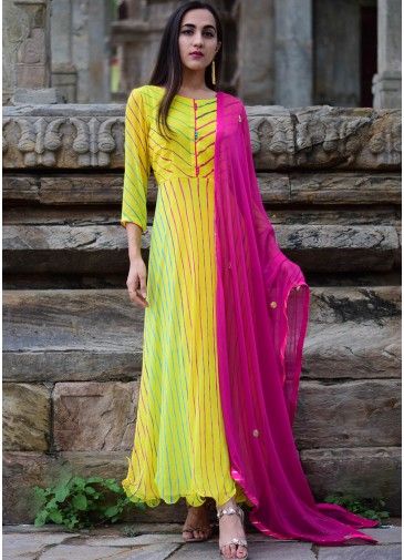 Yellow Printed Flared Kameez With Dupatta