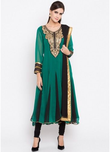 Green Embroidered Flared Georgette Salwar Suit