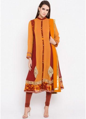Maroon And Yellow Readymade Georgette Salwar Suit