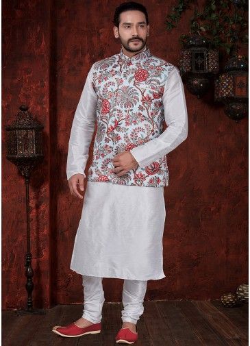 Readymade White Kurta Pajama With Nehru Jacket