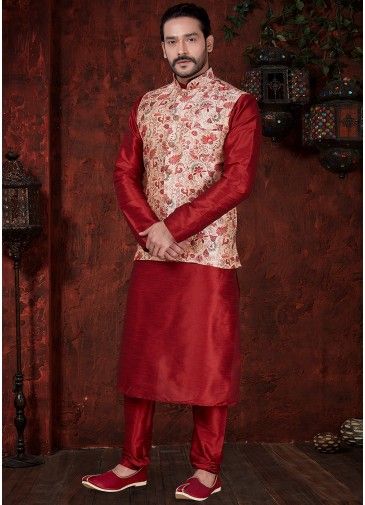 Red Readymade Kurta Pajama With Nehru Jacket