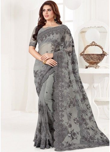 Embroidered Grey Saree With Blouse