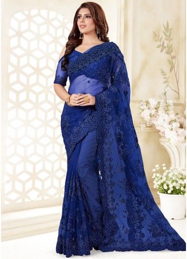 Blue Embroidered Saree With Blouse